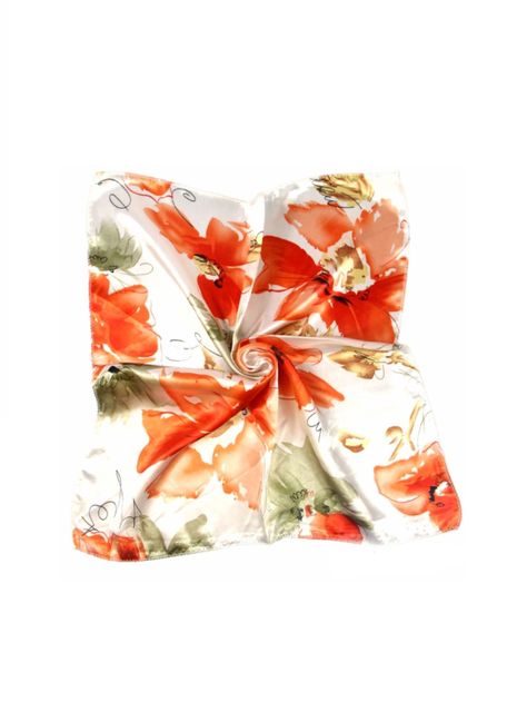 Pañuelo Satinado Mujer Estampado Flores Naranjas 50 x 50 cms-0