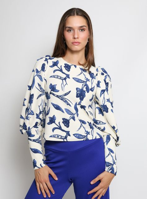Polera Abril Blanco Flores Azul Natalia Seguel-0