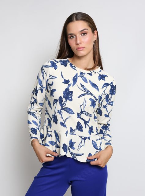 Polera Ana Blanco Flores Azul Natalia Seguel-0