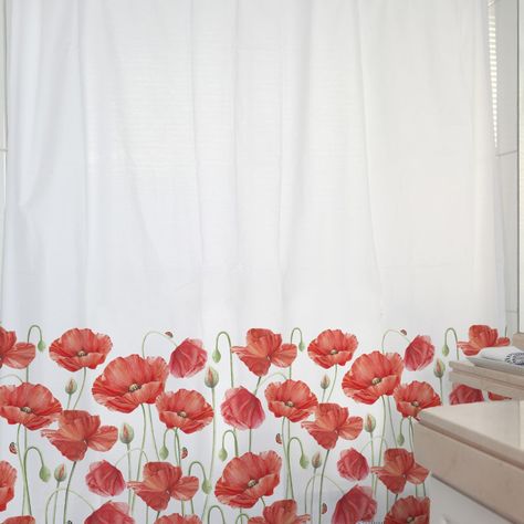 CORTINA DE BAÑO ALGODÓN AMAPOLAS ROJAS-1