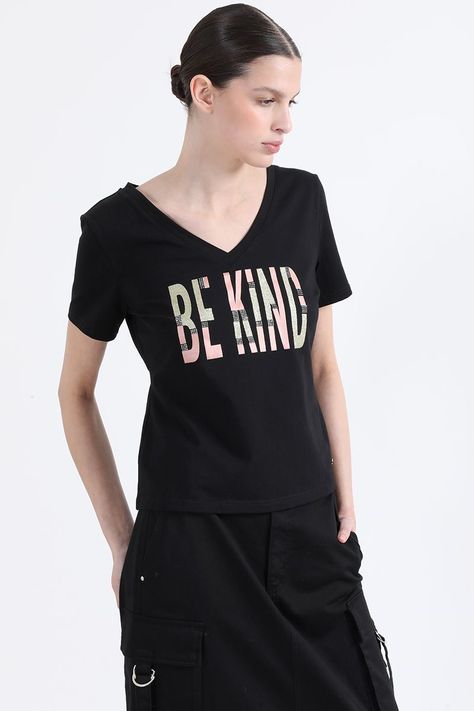 Polera Algodón Spandex Texto, Negro Liola-0