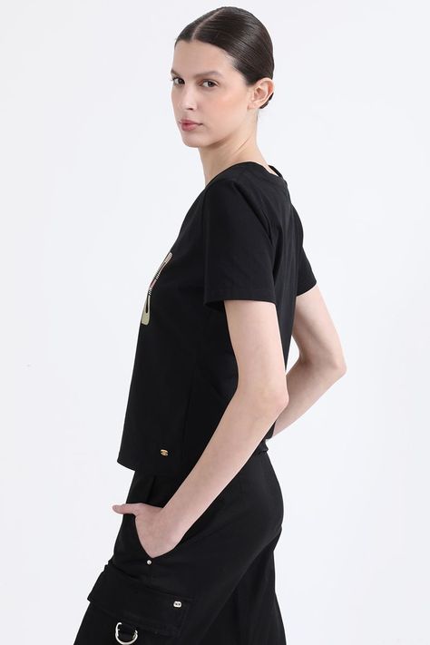 Polera Algodón Spandex Texto, Negro Liola-2