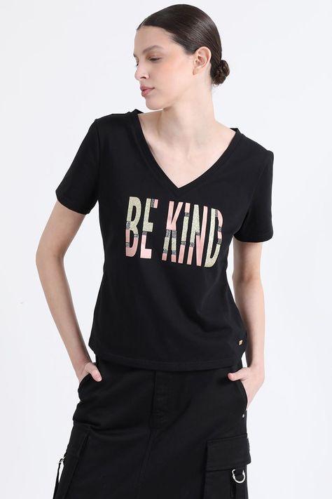 Polera Algodón Spandex Texto, Negro Liola-3