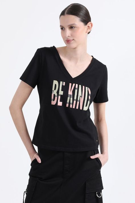 Polera Algodón Spandex Texto, Negro Liola-4