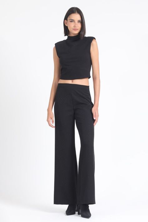 Pantalon Ancho,Tiro Alto, Strass, Negro Liola-0