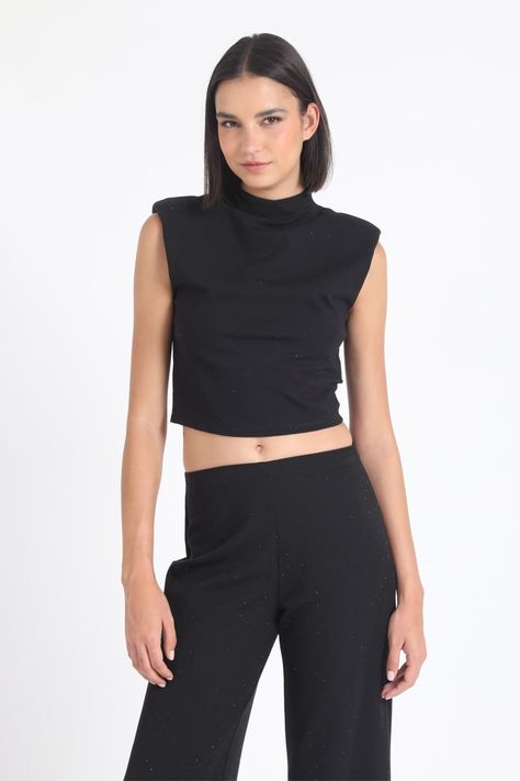 Pantalon Ancho,Tiro Alto, Strass, Negro Liola-1