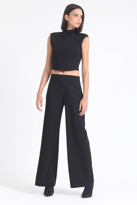 Pantalon Ancho,Tiro Alto, Strass, Negro Liola-2