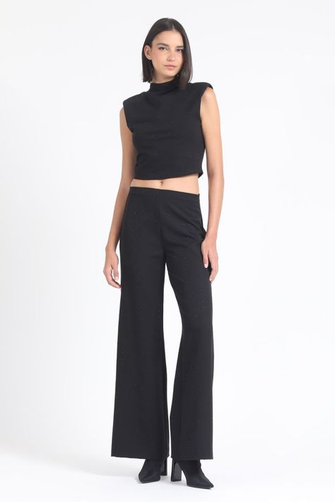 Pantalon Ancho,Tiro Alto, Strass, Negro Liola-3