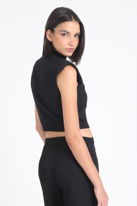 Pantalon Ancho,Tiro Alto, Strass, Negro Liola-4