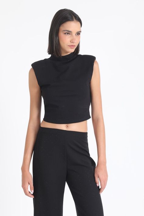 Pantalon Ancho,Tiro Alto, Strass, Negro Liola-5