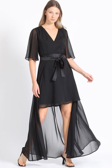 Vestido Corto Con Faldon Desmontable, Gasa Negro Liola-1