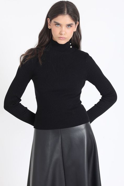 Sweater, Tejido Punto, Boton Decorativo, Negro Liola-2