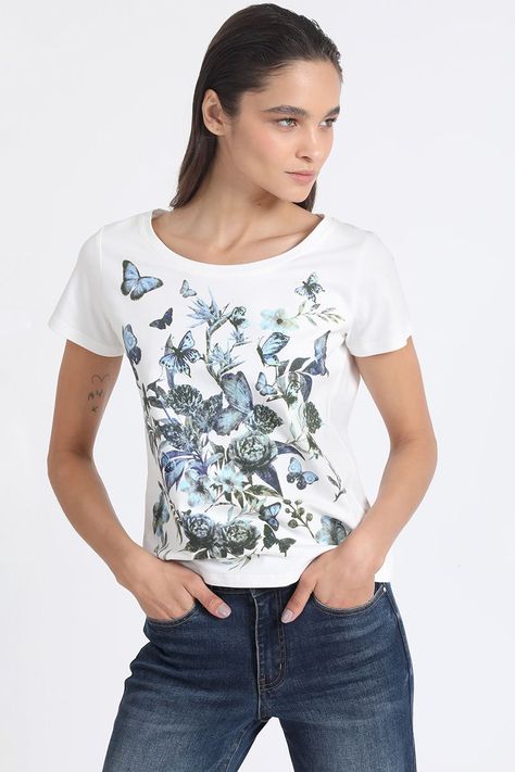 Polera Algodón Estampado Mariposas, Crudo Liola-2