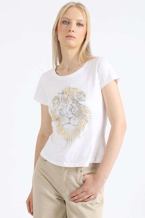Polera Algodón Estampado Leon, Folia, Crudo Liola-5