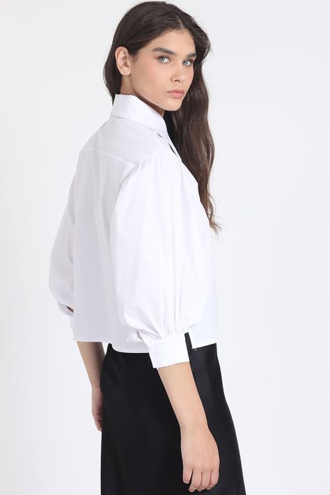 Camisa Crop, Hombro Recogido, Blanco Liola-0