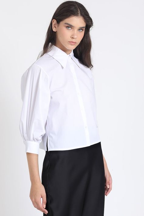 Camisa Crop, Hombro Recogido, Blanco Liola-2