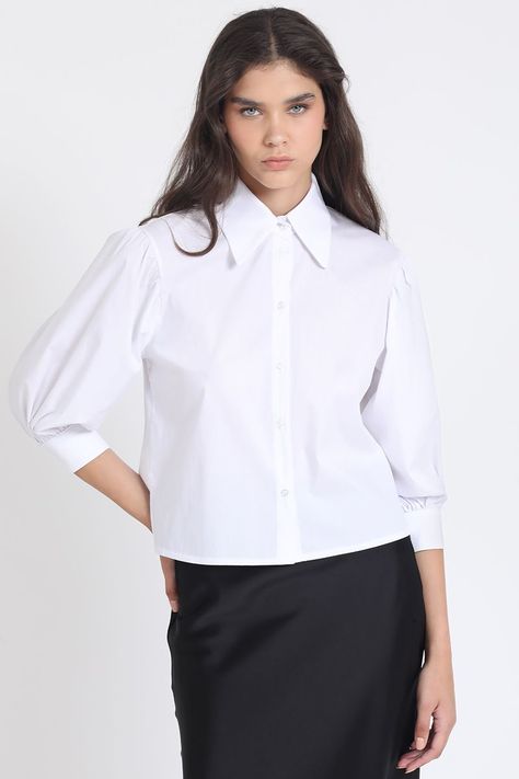 Camisa Crop, Hombro Recogido, Blanco Liola-3