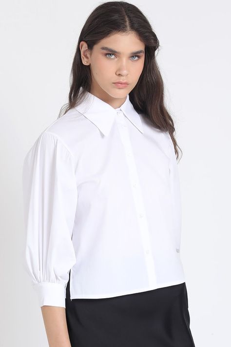 Camisa Crop, Hombro Recogido, Blanco Liola-4