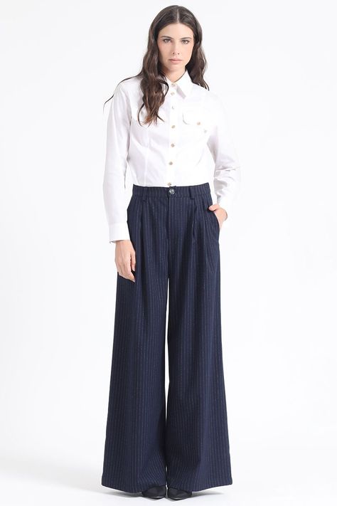 Pantalon Ancho Listado,Tiro Alto Con Pinzas, Azul Liola-0
