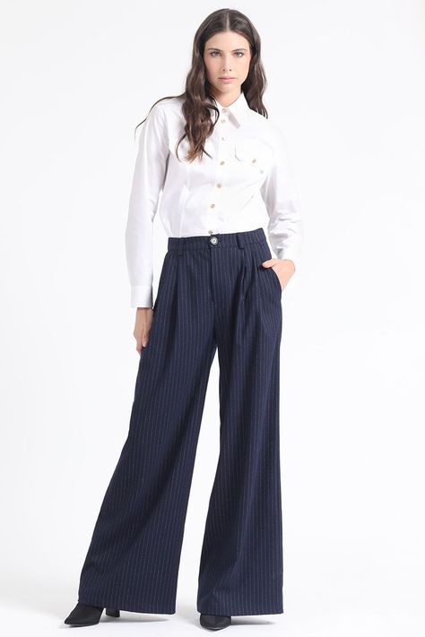 Pantalon Ancho Listado,Tiro Alto Con Pinzas, Azul Liola-1