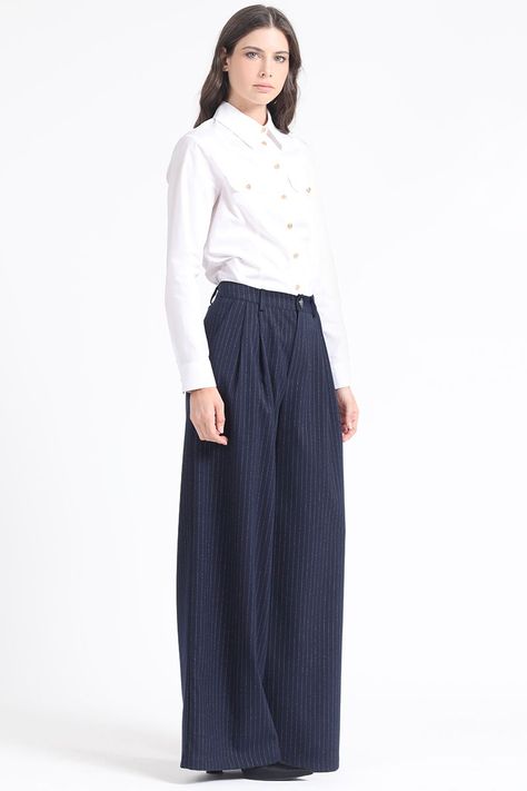 Pantalon Ancho Listado,Tiro Alto Con Pinzas, Azul Liola-2