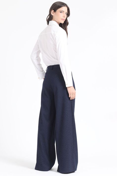 Pantalon Ancho Listado,Tiro Alto Con Pinzas, Azul Liola-3