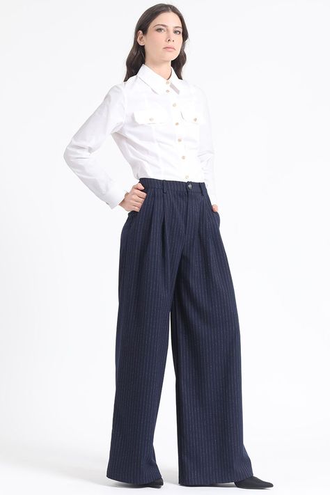 Pantalon Ancho Listado,Tiro Alto Con Pinzas, Azul Liola-4