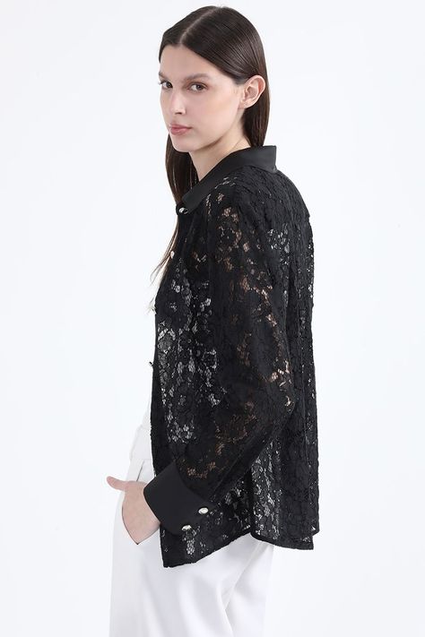 Blusa Encaje Boton Fantasia, Negro Liola-5