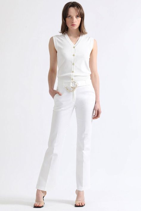 Pantalon Flare, Tiro Medio, Con Cinturon, Crudo Liola-0