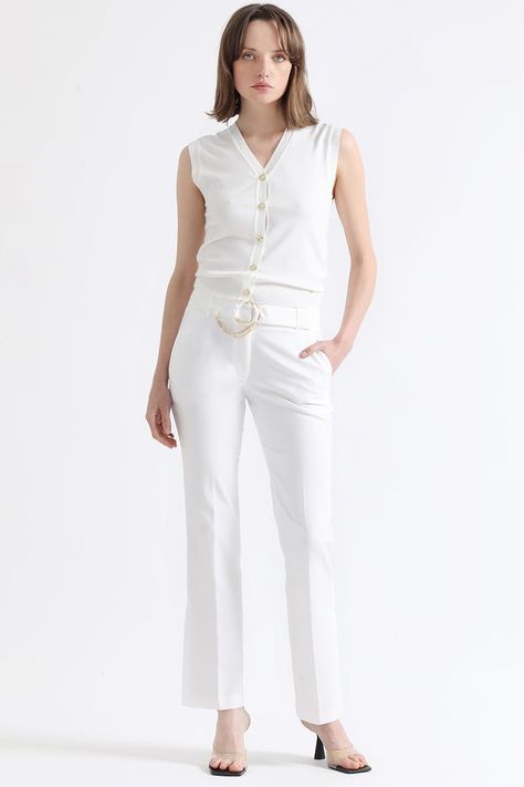 Pantalon Flare, Tiro Medio, Con Cinturon, Crudo Liola-1