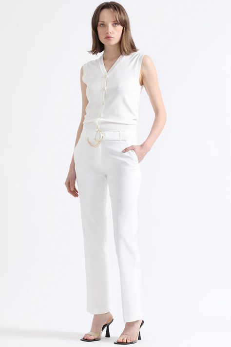 Pantalon Flare, Tiro Medio, Con Cinturon, Crudo Liola-2