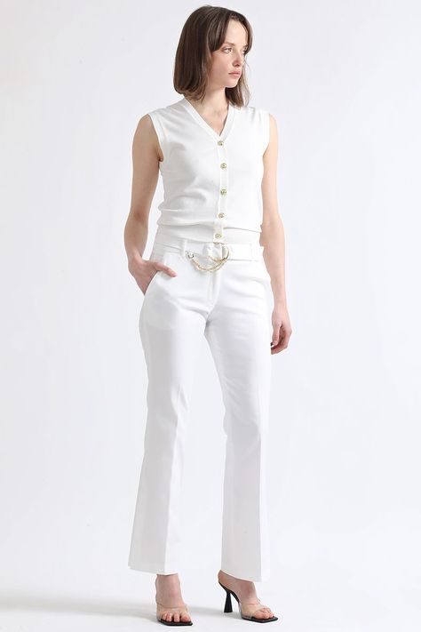Pantalon Flare, Tiro Medio, Con Cinturon, Crudo Liola-3