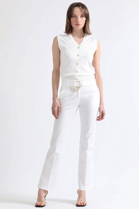 Pantalon Flare, Tiro Medio, Con Cinturon, Crudo Liola-5