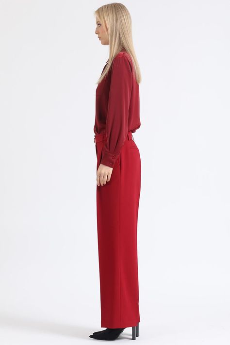 Pantalon Recto Con Pinzas Tiro Alto, Vino Liola-3