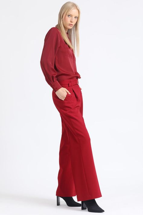 Pantalon Recto Con Pinzas Tiro Alto, Vino Liola-4