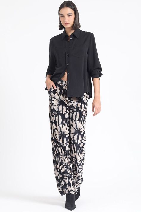 Pantalon Ancho, Tiro Alto, Estampado, Beige Liola-0