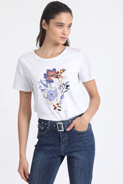 Polera Algodón, Estampado Flores Folia, Crudo Liola-0