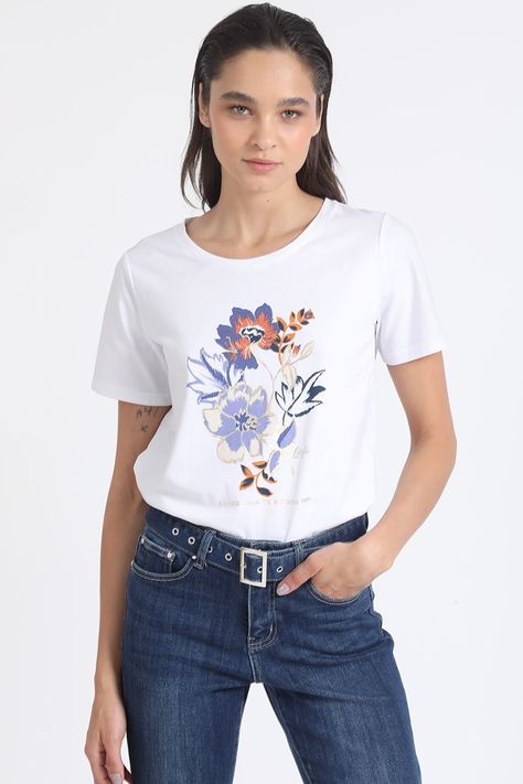 Polera Algodón, Estampado Flores Folia, Crudo Liola-3