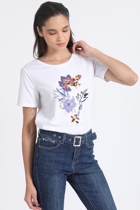 Polera Algodón, Estampado Flores Folia, Crudo Liola-4