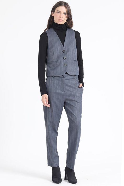 Pantalon Sastre, Tiro Alto, Espiga Listado, Azul Liola-0