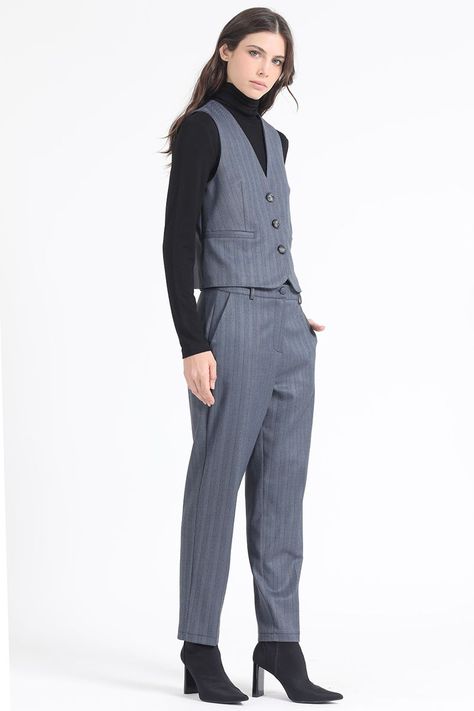 Pantalon Sastre, Tiro Alto, Espiga Listado, Azul Liola-1