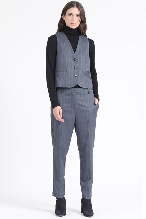 Pantalon Sastre, Tiro Alto, Espiga Listado, Azul Liola-3