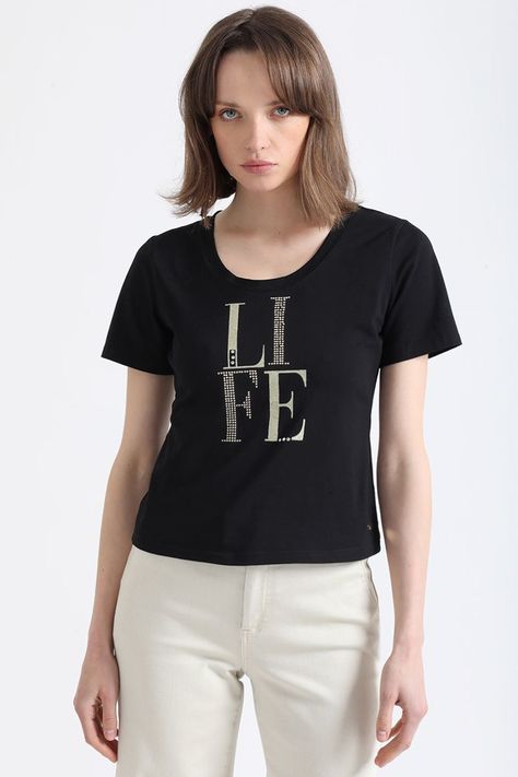 Polera Algodón Spandex Texto Life, Negro Liola-0