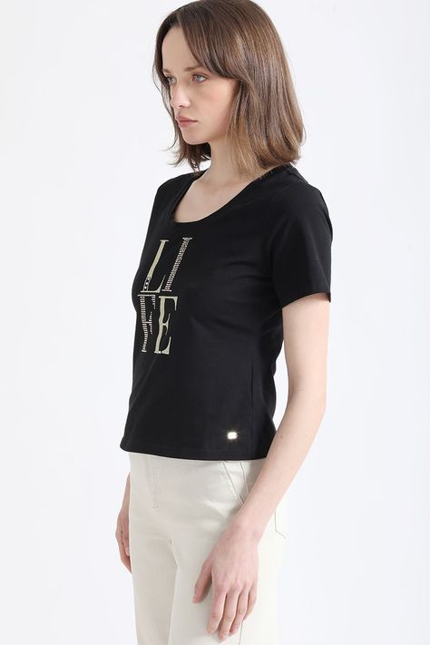Polera Algodón Spandex Texto Life, Negro Liola-1