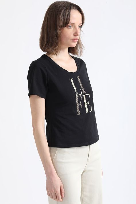 Polera Algodón Spandex Texto Life, Negro Liola-3