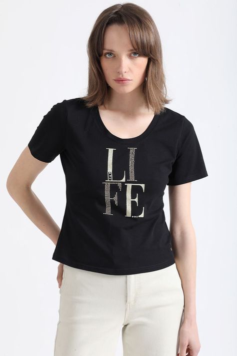 Polera Algodón Spandex Texto Life, Negro Liola-4