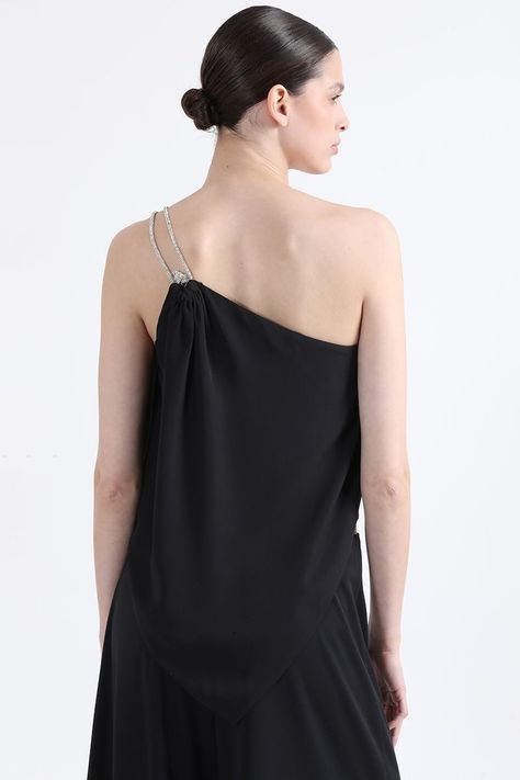 Top Asimetrico, Gasa Doble, Aplicación Strass, Negro Liola-4