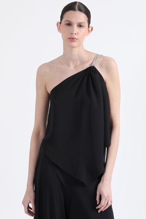 Top Asimetrico, Gasa Doble, Aplicación Strass, Negro Liola-5