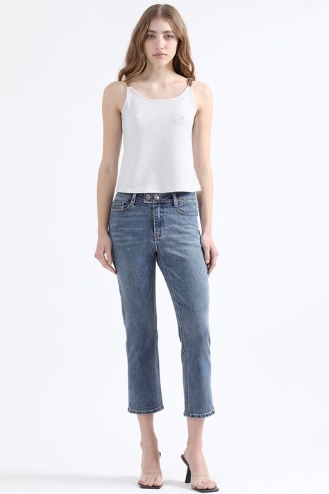 Jeans Slim Cropped Fit, Tiro Medio, Azul Liola-5