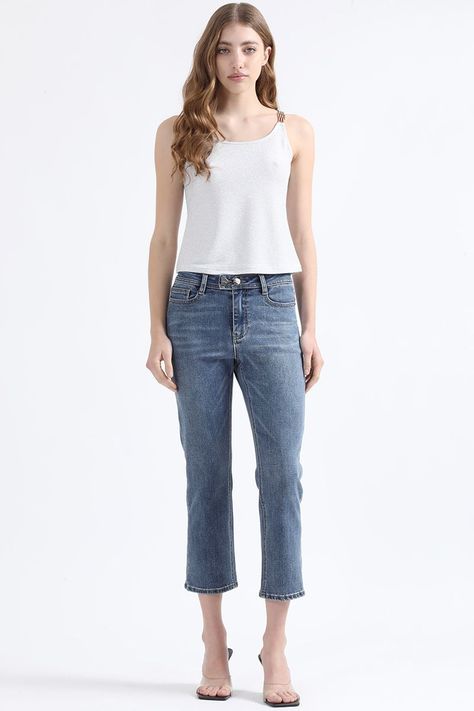 Jeans Slim Cropped Fit, Tiro Medio, Azul Liola-6